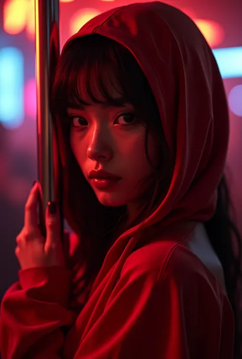 a girl in a red hooded cape pole dancing in a nightclub, beautiful detailed eyes, beautiful detailed lips, extremely detailed eyes and face, long eyelashes, photorealistic, 8k, hyper detailed, chiaroscuro lighting, cinematic composition, dramatic shadows, ...