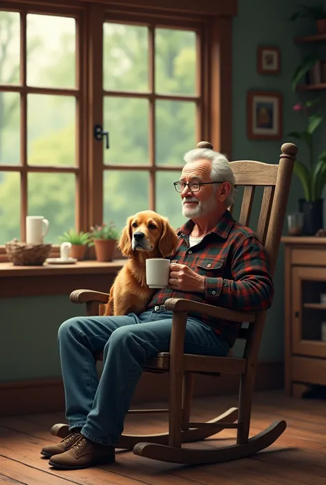 A man sitting in a rocking chair drinking coffee with his dog on his side 