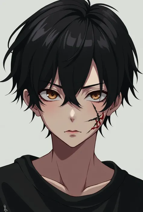 Sexy anime boy with brown eyes, with an annoyed expression,  a horizontal scar on the nose ,  one on the right vertical eyebrow ,  and one that goes from the ear to the left cheek ,  and a scar from the jaw to the right cheek,  wearing a black sweatshirt ,...