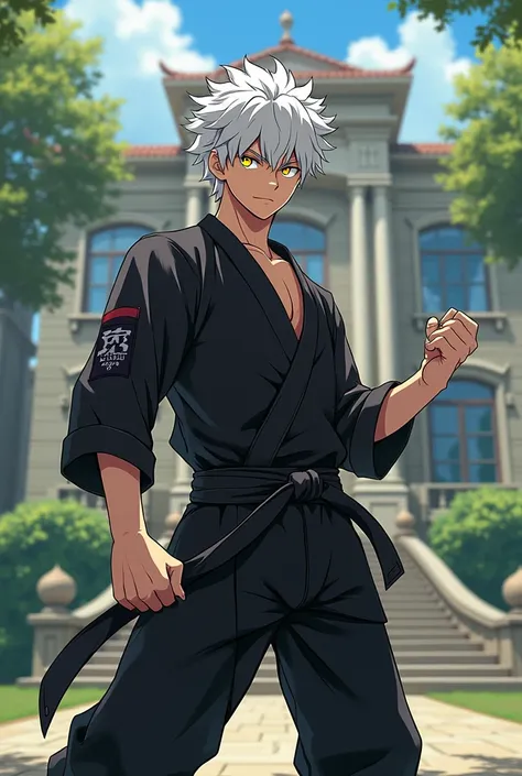 Anime male, White hair, short curly hair, yellow striking eyes, pale skin, wearing black gi pants, training outside mansion 