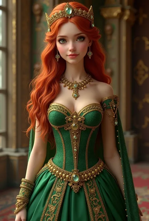 Red-haired medieval princess , light skin, Full of golden jewels ,  green dress
