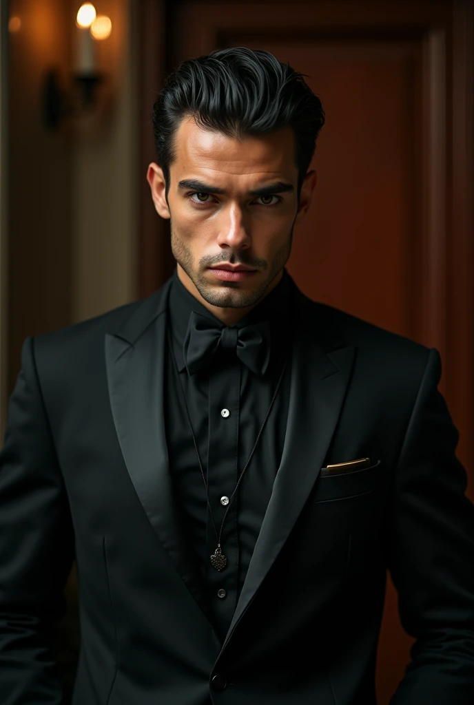 Young Italian man , deep black eyes, mafia, cold look, Capricorn ,  in elegant black suit, 