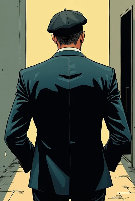 comics。Back view of a man wearing a blazer and beret