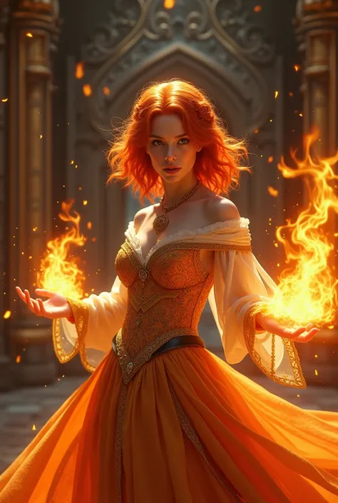 Light-skinned, red-haired medieval princess using fire powers
