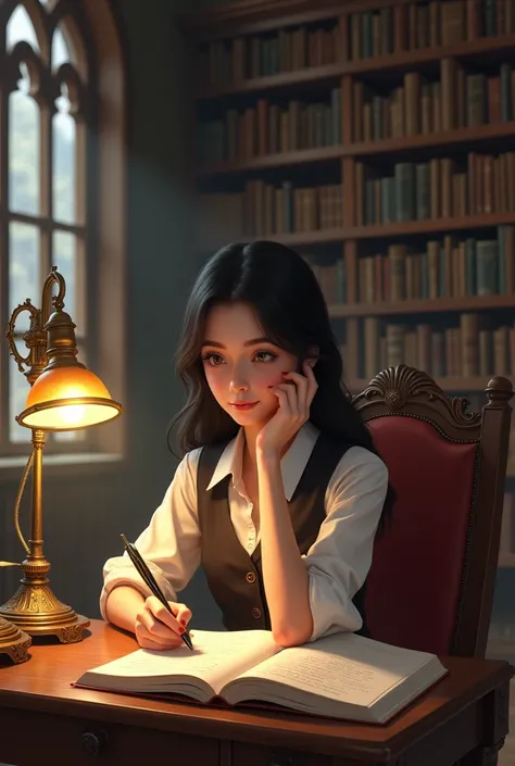 A girl writing in a library 