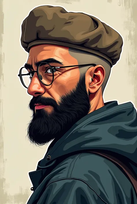 Male, bald, middle eastern, anime, 3/4 profile picture, artist, round eye glasses, full beard face, artist hat