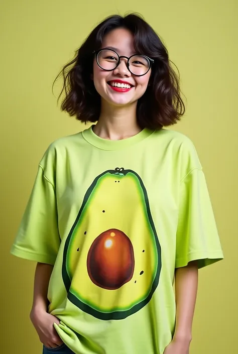  Model wears a super cool oversized avocado-themed t-shirt, Who wears glasses and smiles with cherry red lips  