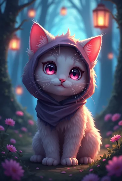 Un chaton mignon, style anime realiste, Yeux Roses, Casque, Qualité Meilleure, Résolution Haute, Œuvre dart, Frange Entre les Sourcils, Yeux Violets, Timide, Capuche Remontée, dans une forêt enchantée, luciolrs, lanternes, 