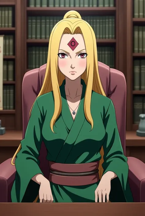  create an image of Tsunade from the Naruto anime in his office as a hokage 
