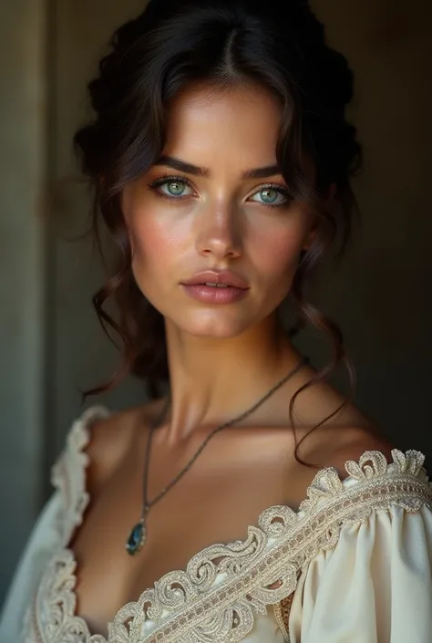 Latin American woman with wavy strong brown hair wearing a Victorian dress and light blue eyes 