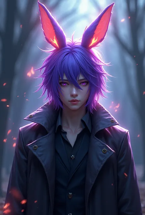 A male character with purple hair with rabbit ears with his hair on fire with a trench coat 