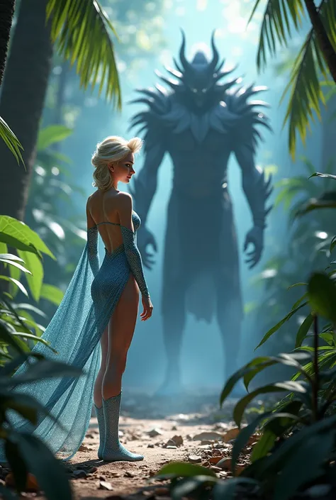 elsa in jungle with demon,elsa wearing shiny bodysuit