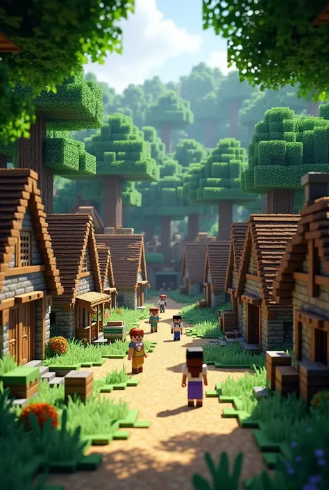  A medieval village in Minecraft style located in a dense forest .  The small houses are built of wood and stone with triangular roofs,  surrounded by tall trees and vibrant green leaves . Villagers dressed in simple costumes are walking the dirt streets o...