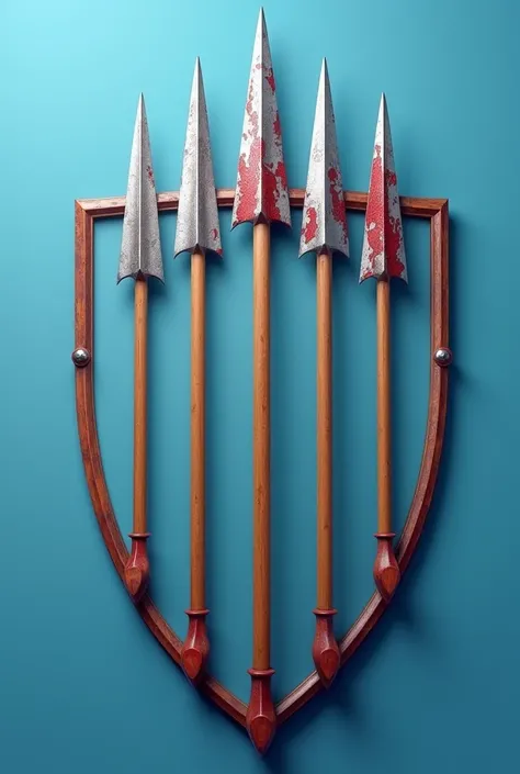 A figurative symbol of a clean azure heraldic shield.
On which there are 5 identical spears, with their tips arranged in the center of the shield, 2 raised above the rest, one in the center and 2 lower than the rest.
Whose silver tips are soaked with blood...