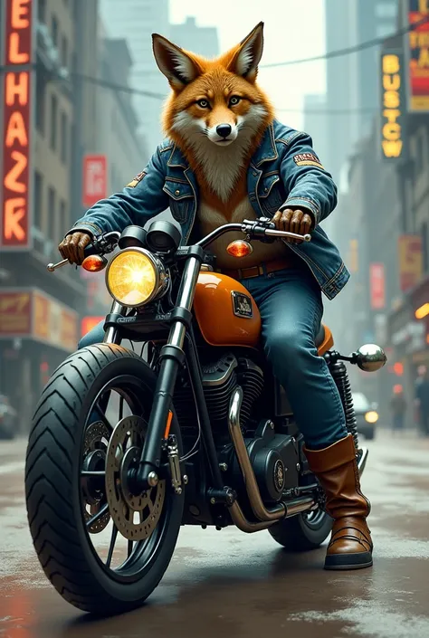 Furry coyote wearing boots and jeans riding a street motorbike