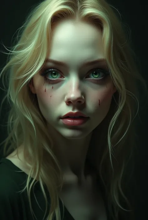 Make a blonde woman with green eyes that stand out and that the woman has a sinister aura 