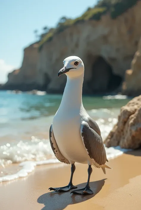 Crossbreed of silverheaded gull + little penguin
A mix of rocky cliffs and soft sandy beaches in the background.