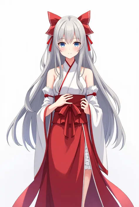 “A beautiful and mature anime-style woman with long silver hair and blue eyes, wearing a traditional shrine maiden outfit in red and white. She exudes elegance and grace, standing facing forward with a gentle and confident smile. One of her hands is placed...