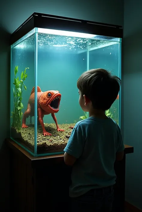 ultra realistic,  boy watching a rectangular fish bowl ,  inside the fish tank there is a fight between the animals inside,  highlight of the characters illuminated eyes ,  ferocity of the battle  , blood , grotesque, pure violence , 