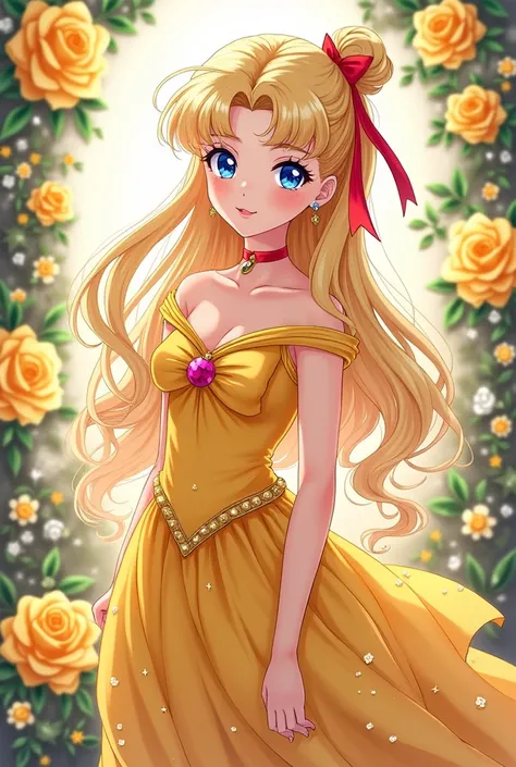 Make me an image of Mina Aino, a young adult from the anime Sailor Moon, with long flowing blonde hair, wearing a red ribbon behind her hair, wearing an elegant yellow princess dress with sparkles surrounded by roses and yellow flowers with fine jewelry an...