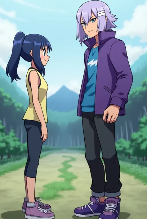 s rival Dawn Hikari from Pokémon , dark blue hair,  blue eyes ,  and Paul Shinji with shoulder-length straight lilac hair, sharp striped dark eyes and black , tanned complexion, Cold sestoic boy who wears a purple jacket, blue t-shirt,  dark pants and purp...