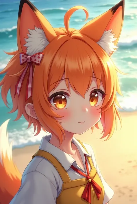  High resolution, quality,  In detail,  orange hair, fox ears,  fluffy ponytail ,  Short hair,  golden pupils , sweet girl, bow on bangs , against the background of the sea and the beach, ,