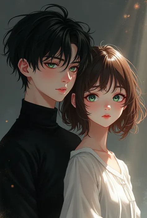 On the cover,  a boy who has black hair , wavy and short,  with a black shirt that reflects his cold and elegant character.  AND a girl with brown hair and green eyes , and with a white blouse , the two with white skin ,  contrasting with the figure of the...