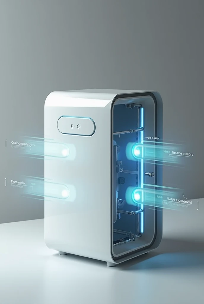 Generate me a simple prototype that explains each part of an air purifier design with LED lights that indicate the operation of the equipment