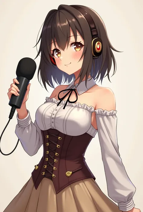  anime girl dark brown hair ,  brown eyes.  brown lacing corset  , light brown skirt . Headset and podcast microphone 