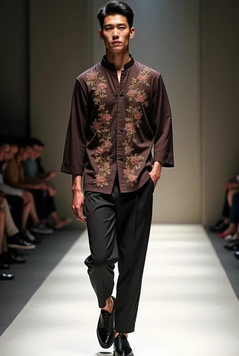 A male model wears causal fashion in tradition Chinese style in a fashion show
