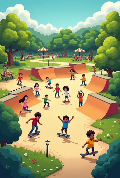  Create an image for the setting of a book illustration  .  Portray a skate park in a park with several ren having fun and playing sports in the background. Do it on a sunny day . cartoon style . 