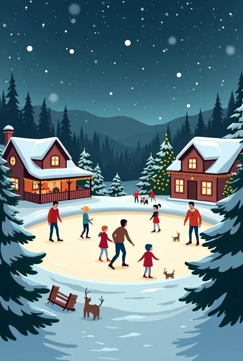 Illustration minimaliste d’Une patinoire entourée de sapins lumineux située au centre d’un petit village des familles patinent sous un ciel étoilé tandis que des décorations de Noël illuminent l’espace quelques flocons tombent doucement ajoutant une note f...