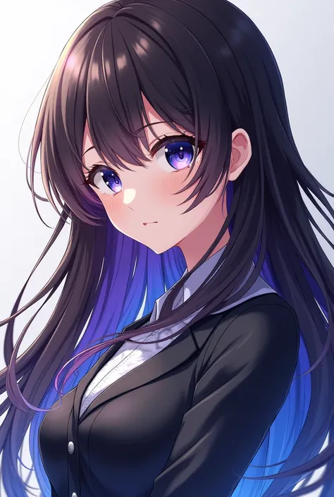  anime style,Adult woman anime, with long dark brown hair and with locks in front,and some blue front hair and others purple  