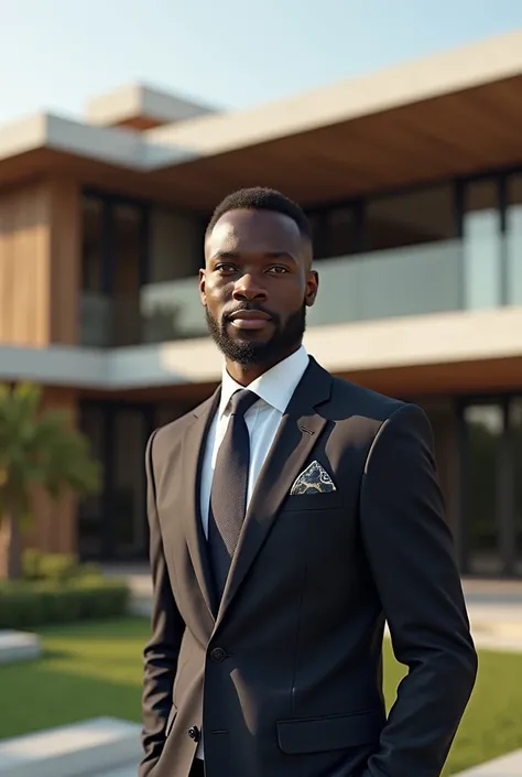 Realistic photo of a well-dressed young African man in front of his modern and luxurious house