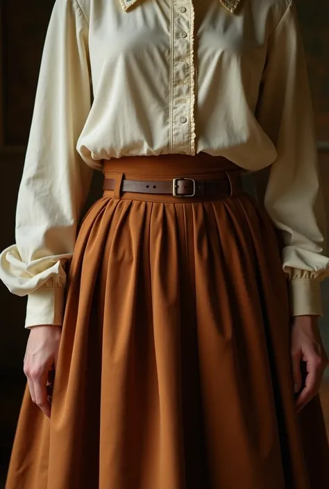 a close up of a woman wearing a skirt and a shirt, an album cover inspired by Francis Focer Brown, instagram, renaissance, brown clothes, vintage clothing, vintage aesthetic, vintage fashion, skirt, wide skirts, vintage, 50s style, 1914 s style, 1950s vibe...