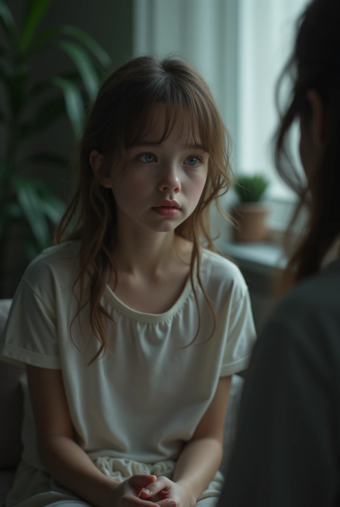 Lucia, the 16-year-old girl with blue eyes and light brown hair , of very very thin completion , in a consultation with a psychologist