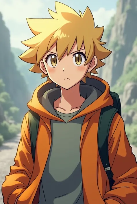 15-year-old blond and light-eyed male Pokémon trainer character wearing a sweatshirt with an orange jacket on top and a serious and presumptuous looking face 