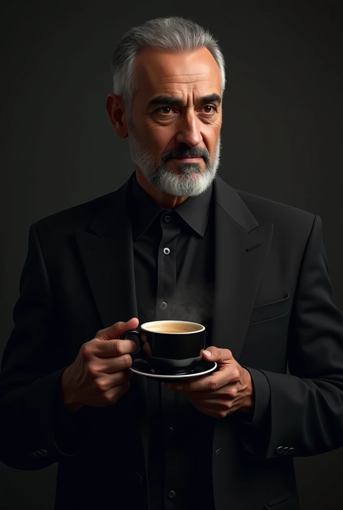 A thirty-seven-year-old Egyptian man has a little white hair on his beard and head, wears black clothes, carries and drinks coffee with a dark background 