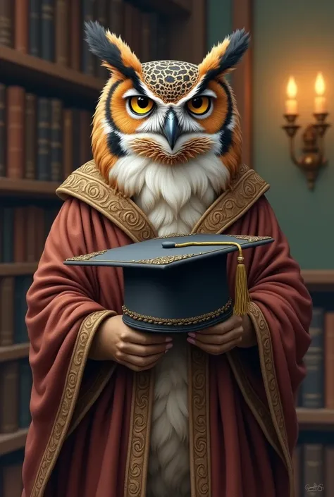 Drawing of an owl wearing a robe and holding a graduation cap next to it