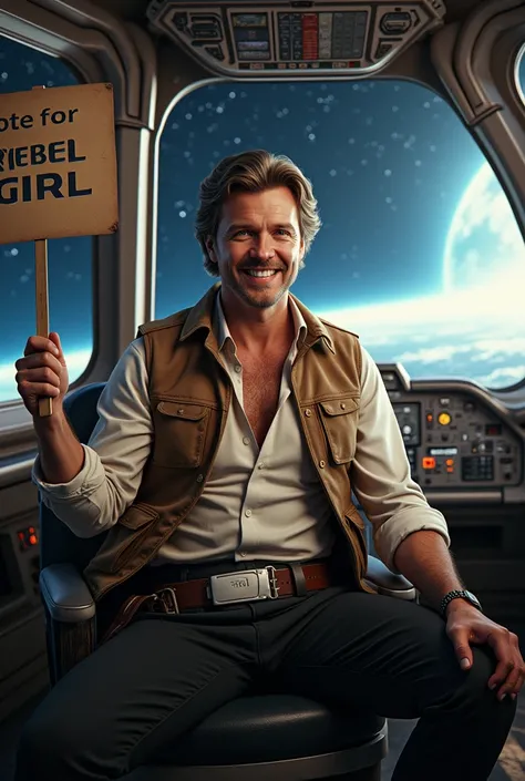 Create an image of a man dressed as Han Solo .  He is sitting in the cockpit of the Millennium Falcon ship flying across the galaxy.  He is smiling with a sign in his hand written Vote for Rebel Girla 