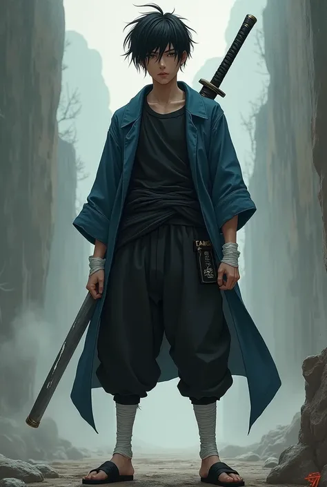  Create a samurai character X messy black hair age  ,  personality would be and calm , slim and strong physique ,  bandages on hands and shoes ,  black shirt and blue jacket black canvas pants and a katana broken in half,  name of the katana Wando 
