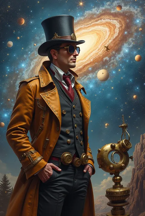 A meticulously crafted steampunk nebula navigator, every gear and cog intricately detailed amidst swirling galaxies and sparkling stars. The main subject is a dapper explorer with a top hat, goggles, and a brass-trimmed jacket, standing confidently in fron...