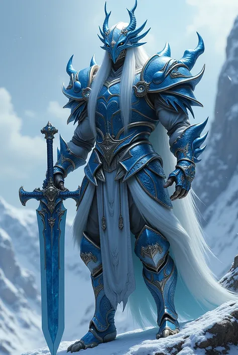 Create final fantasy style: a man with long straight white hair with a large draconic helmet covering his entire face, wearing metallic ice-blue dragon armor with ornaments, holding a blue metallic sword with draconic ornaments on a snowy mountain.