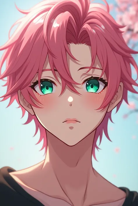 Anime boy handsome face green eyes and pink hair