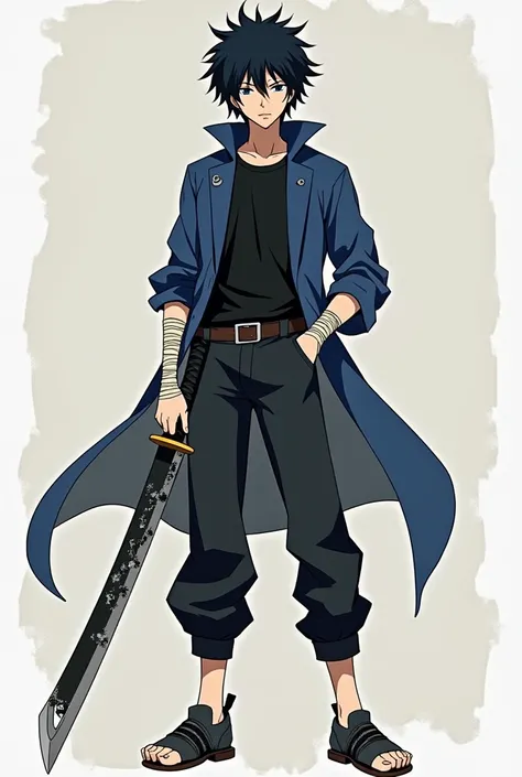 Create a character from the anime Kill a Kill with messy black hair age 16, Gender: mens,  personality would be and calm , slim and strong physique ,  bandages on hands and shoes ,  black shirt and blue jacket black canvas pants and a katana broken in half...