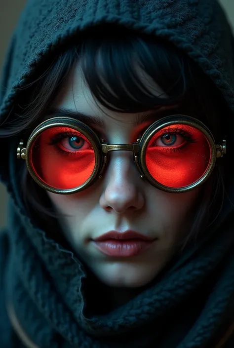 woman with steampunk glasses with round red lenses 
 Dark without showing the eyes, but with blue reflections on the lens

