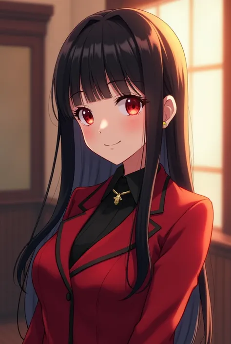  Girl with long straight black hair , with bangs.  He has slanted red eyes and has a cheerful expression. He wears a red and black uniform , elegant and adult style.