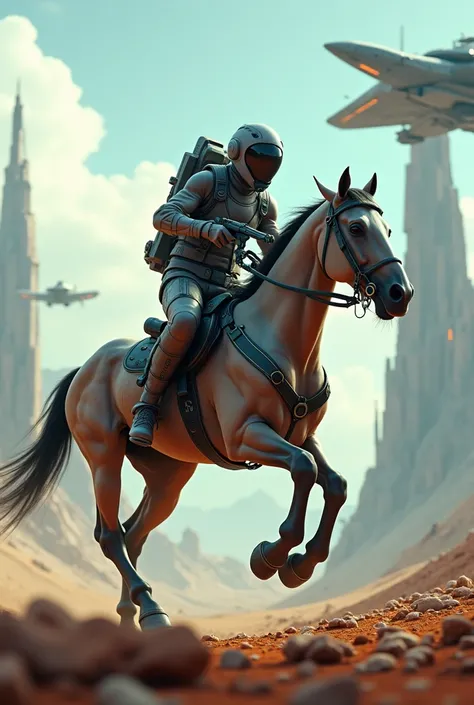 A horse running behind it is wearing advanced space uniforms and has weapons and aircraft 