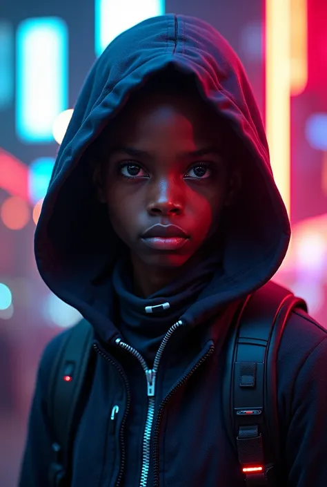 a handsome  african boy, cyberpunk style, hood, neon lights, high-tech clothing, 