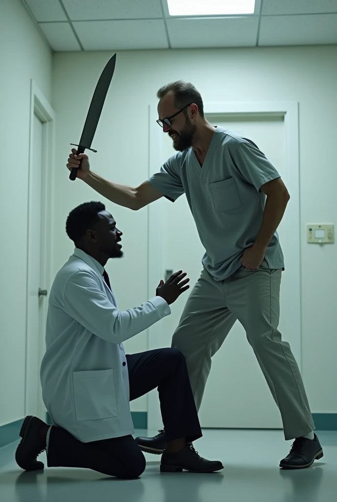 A black Psychiatric doctor kneeling down while a mad man raising a big knife on his head